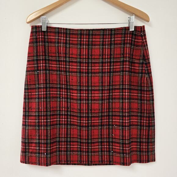 Talbots 10P Petite Skirt Red Plaid Holiday Sequins Tartan Old Money Tweed NWT - Picture 1 of 8